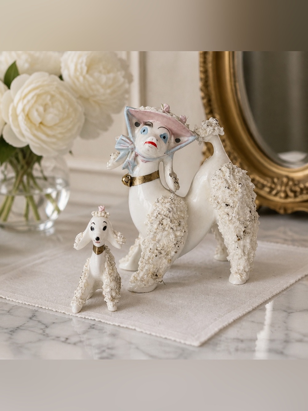 1950’s Spaghetti Trim Poodle With Pup No leash Porcelain